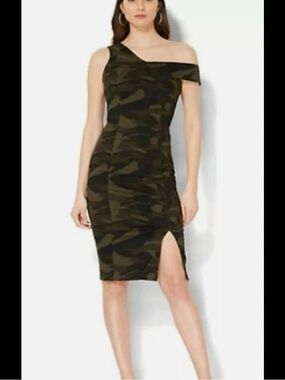 New York & Company One-Shoulder Olive Camo Bodycon Dress